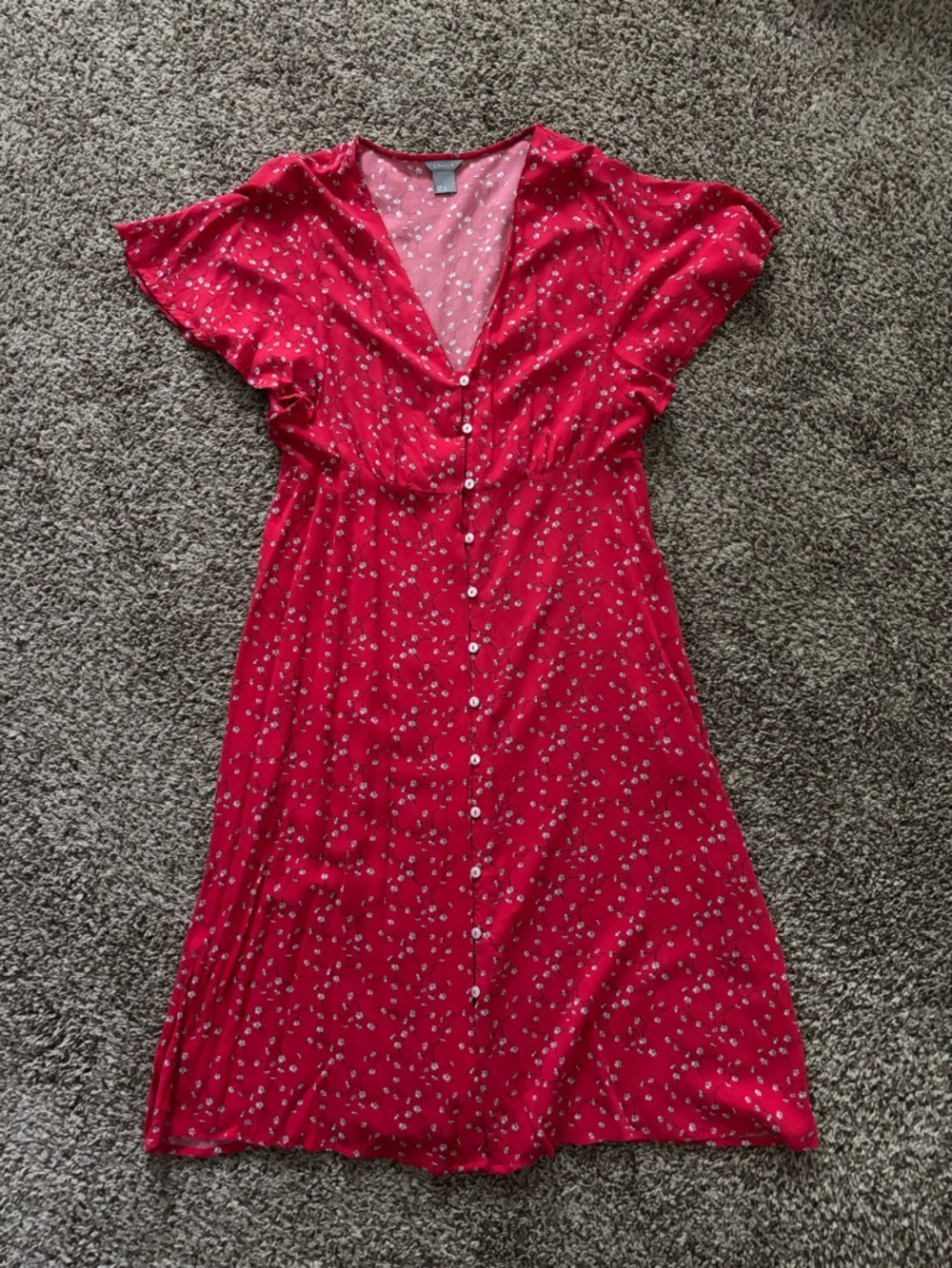 Red Floral Button-Front Flutter Sleeve Midi Dress with V-Neck